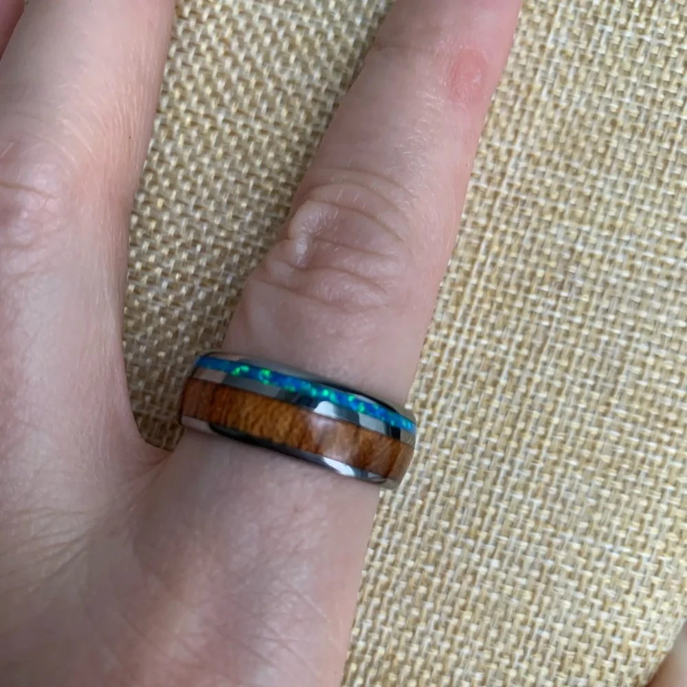 Blue opal and Koa wood Tungsten men’s wedding ring